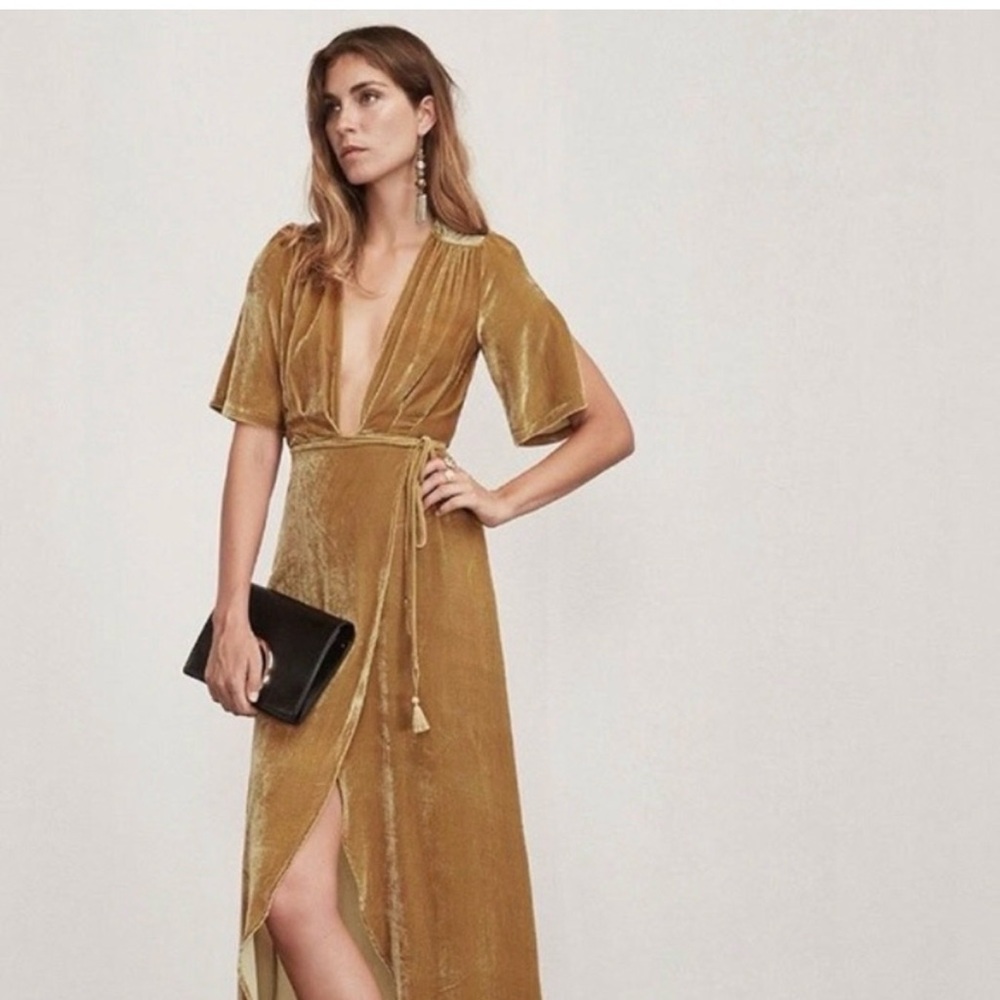Reformation Miller Dress Gold Midi Velvet Wrap Tie Wrap V Slit